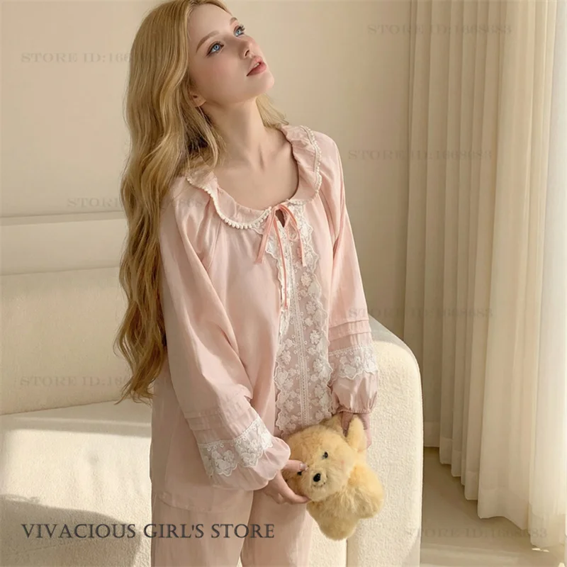 Elegant Sweet 100% Cotton Sleepwear Women's Pajamas 2Pcs Set Spring Autumn New Nightwear Pijamas Suit Loose Casual Loungewear