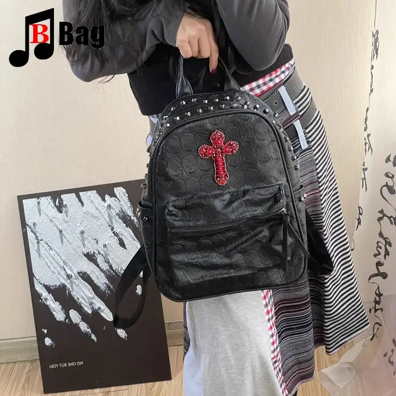 Women Men unsex Y2K cool girl Harajuku women's handbag Skull  Goth punk Make an old red cross rivet  Versatile pu Backpack  bag