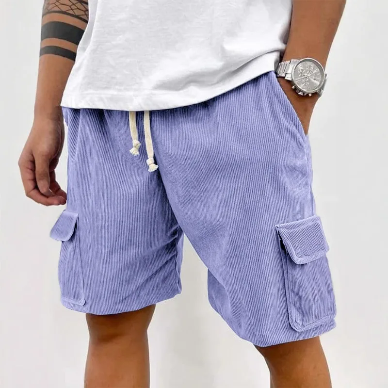 Men Corduroy Drawstring Multi Pocket Casual Cargo Shorts