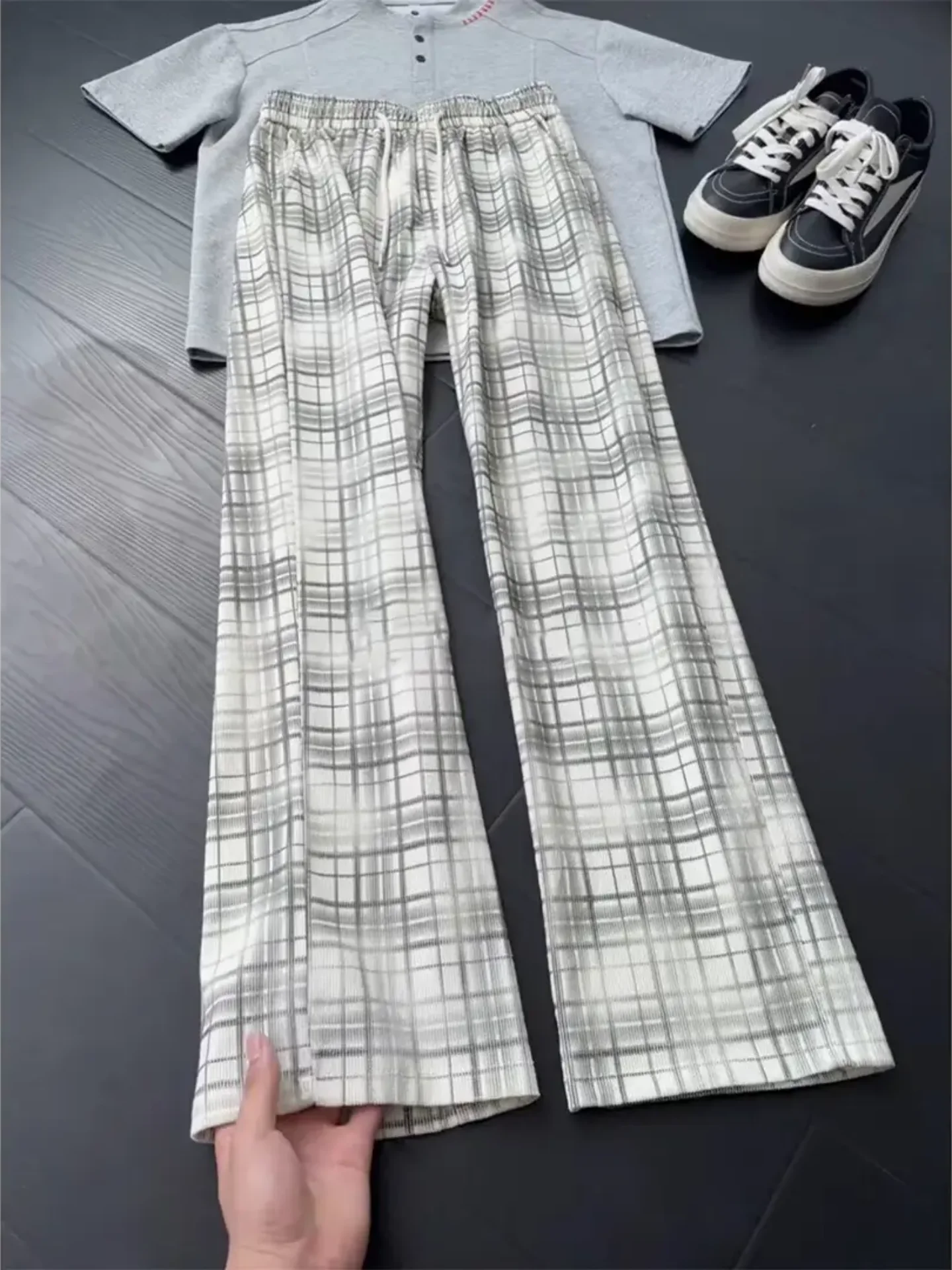 American Retro Plaid Pants Men's Autumn Lazy Loose Slim Straight Leg Sports Casual Long Trousers Wide Leg Pants