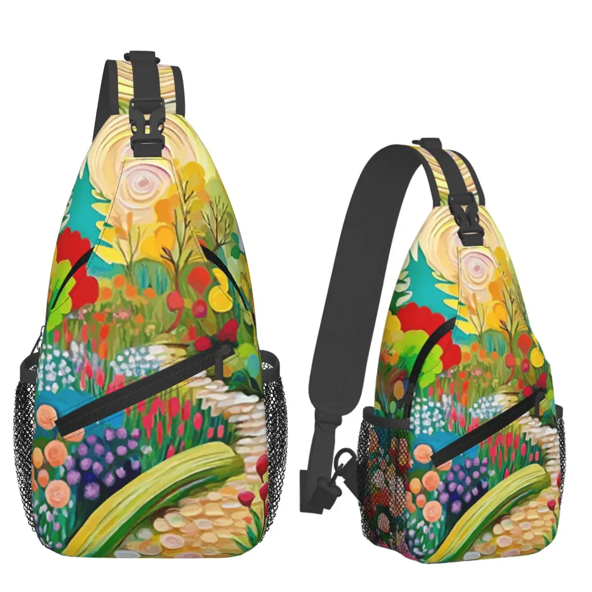 Gustav Klimt Flower Garden With Cottage Chest Bag Men Sling Crossbody Backpack Chest Bag Traveling Hiking Daypack Shoulder Bag