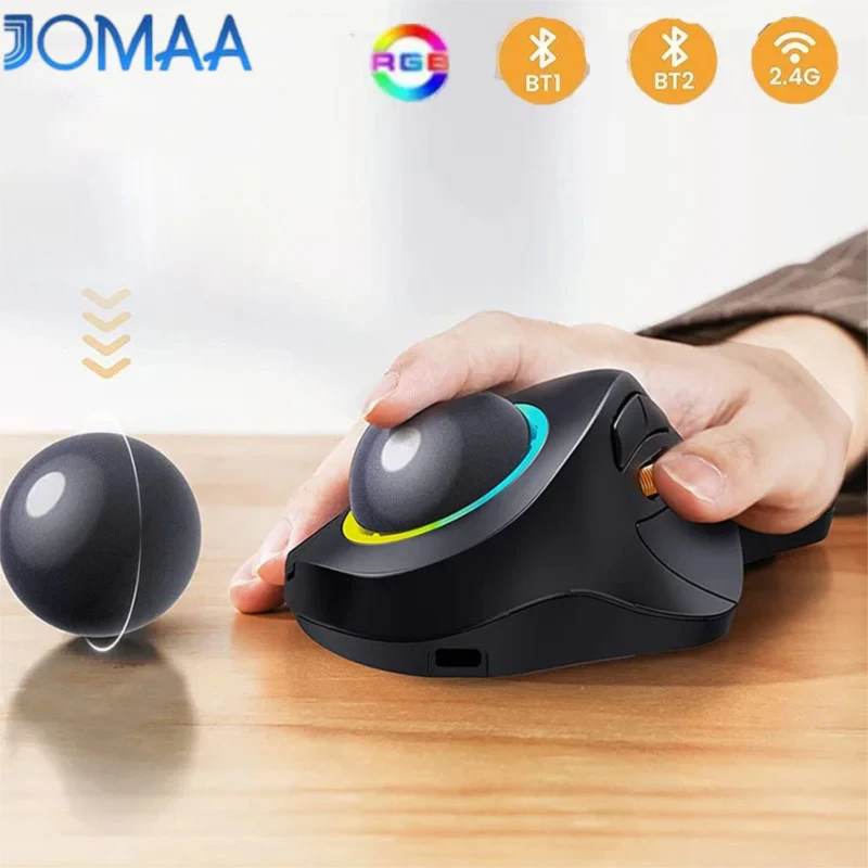Jomaa Bluetooth RGB Trackball Mouse 2.4GHz Wireless Finger Control Rechargeable Ergonomic Backlit Rollerball Mice for Mac iPad