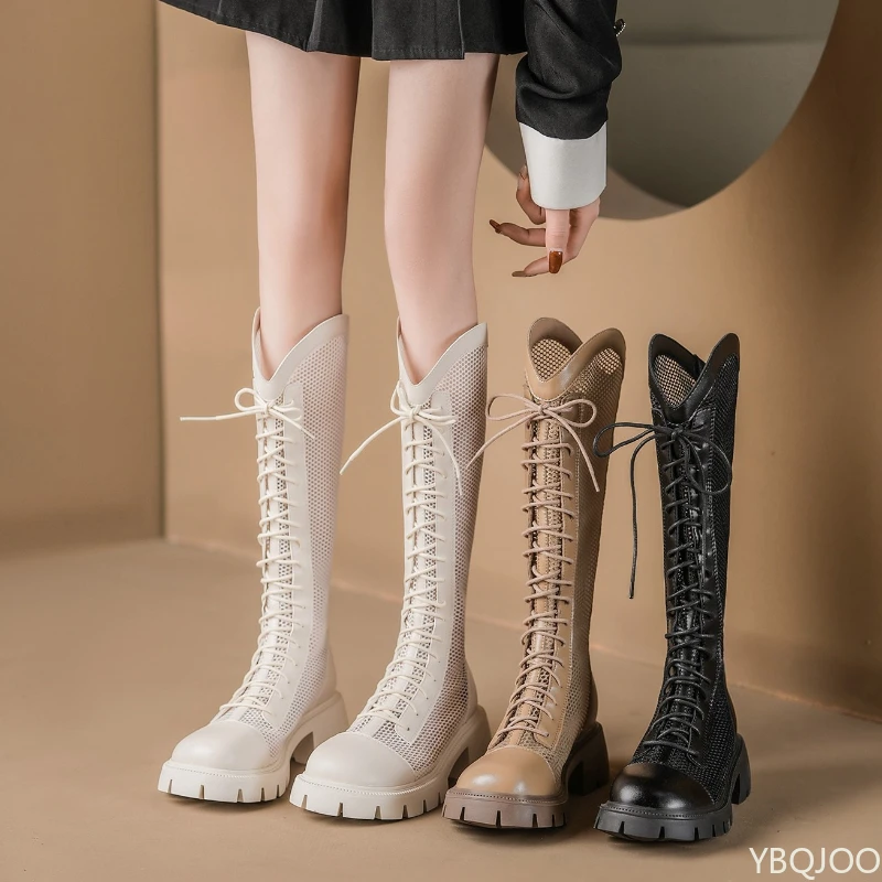 Spring summer new  breathable thick soled boots lace up fashion versatile women's boots elegant simple hollow out women's shoes
