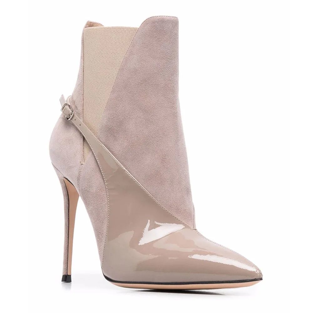 Fashion Woman Suede Small Buckle Patchwork Ankle Boots Women Red High Heel Patent Leather Pointed Toe Street Boots Zapatillas