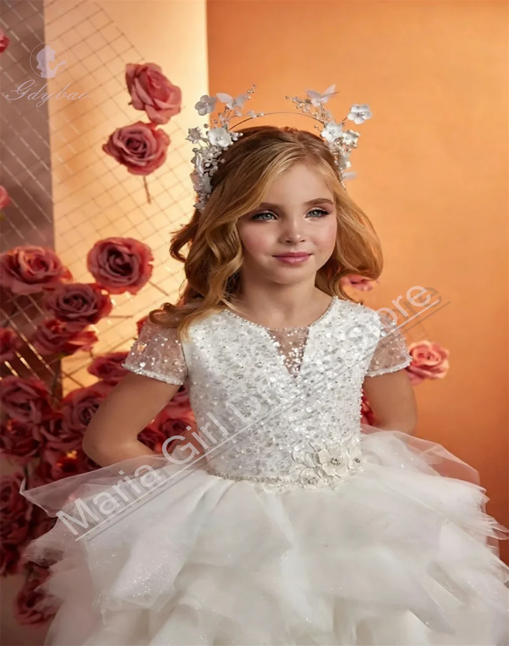 Young Girls Dresses White Sequin Pearl Asymmetrical Length Fluffy Suitable For Girl's Wedding Party Dress