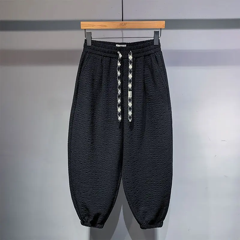 Simple Design Pleated Checked Casual Pants for Men's Summer Thin Retro Harem Pants