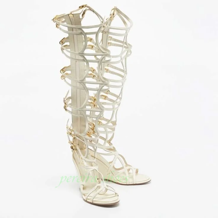 White Knee Gladiator Sandals Multi Gold Metal Boots Buckle Cutout Strap Zipper Open Toe Stiletto Wedges Heel Sandals Women Size