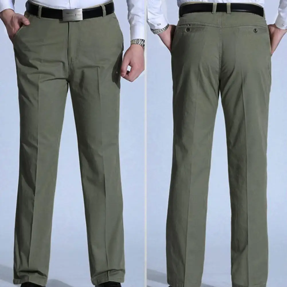 Men Business Pants Middle-aged Stretchy Double Pockets Full Length Zipper Fly Suit Pants Loose Straight Thin Men's Trousers