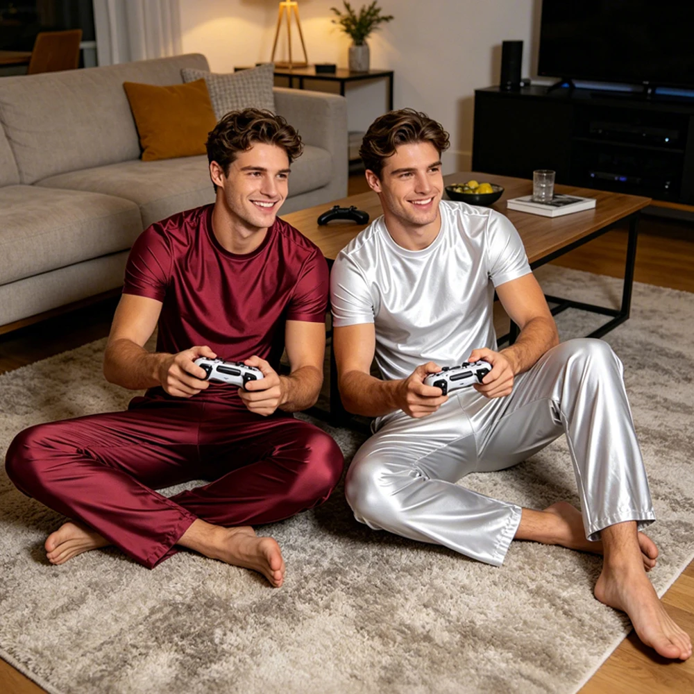 AMORESY Men Glossy Silky Quick-drying Cool Long Pants Casual Sportswear Straight-leg Pants Comfortable Homewear Spandex Trousers