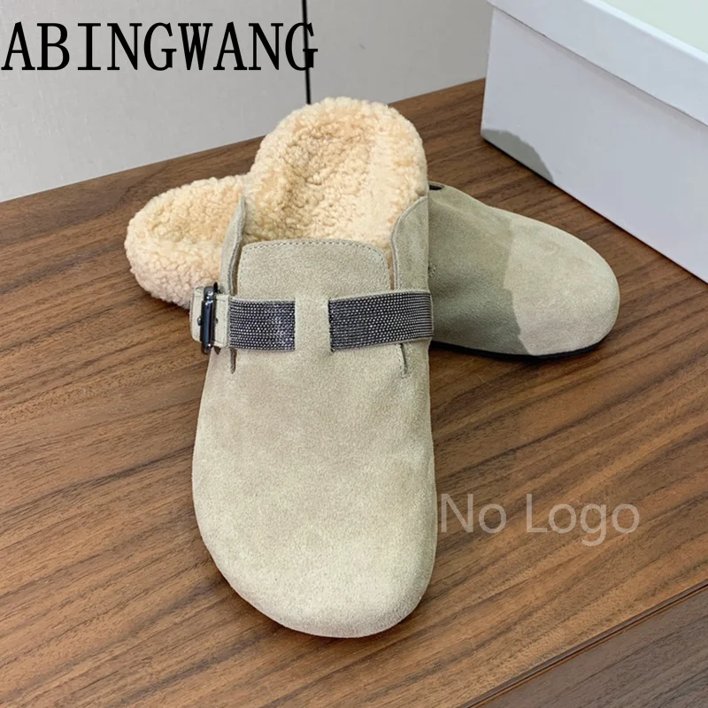 2025 Autumn Winter New Suede Inside Fur Thick Sole Slippers for Women Casual Lazy Slippers Outdoor Holiday Shoes Warm Shoes