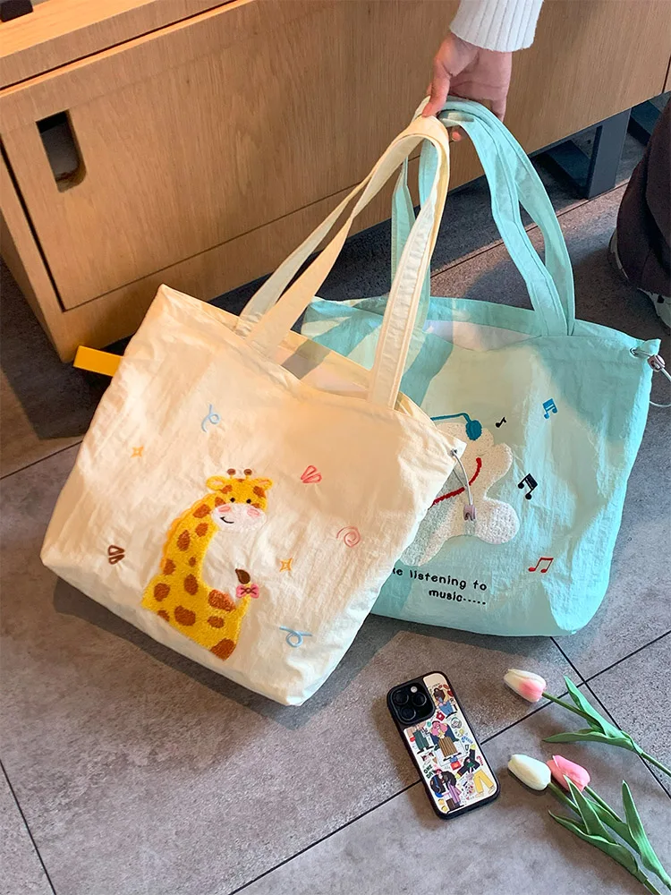 Cute Cartoon Embroidery Large Capacity Single Shoulder Tote Bag Women's  Artistic Commuter Drawstring Bag Canvas Material