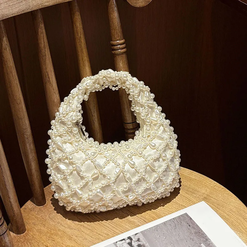 Rhinestone Handbags Evening Party Crossbody Bag Handmade Pearl Bead Bucket Bag Women Woven Handbag Shoulder Messenger Bag