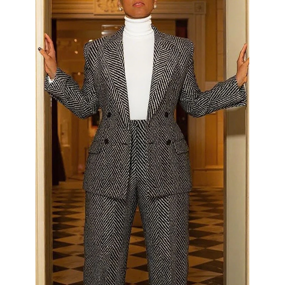 Fashion Tweed Women's Suits 2 Piece Jacket Pants Blazer Elegant Double Breasted Peak Lapel Female Clothing Customzied Outfits