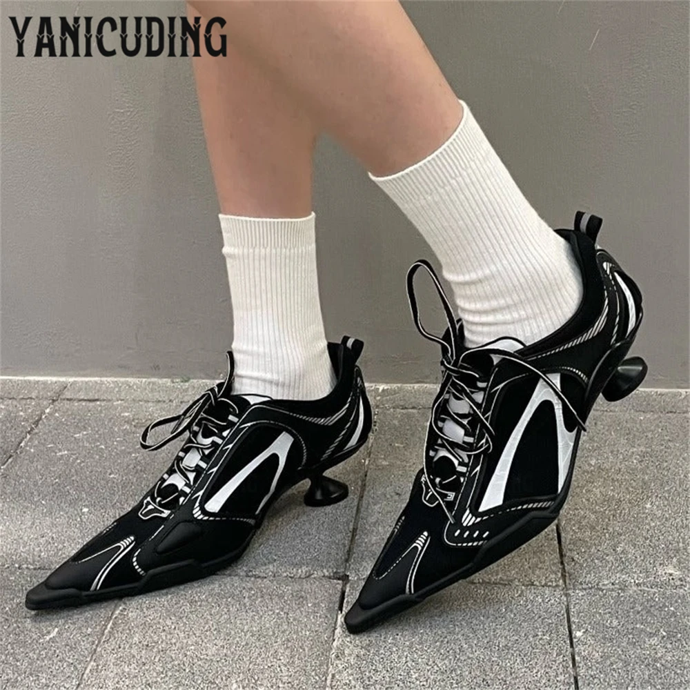 Sports Style Pointed Stiletto Sneakers Novelty Fashion Style High Heel Casual Shoes Silver Reflective Lace-Up Shoes for Women