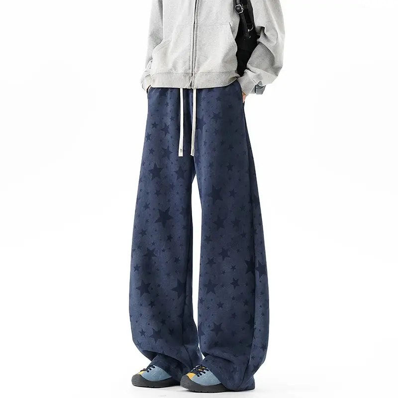 American Style Spring New Star Print Wide Leg Pants High Waist Straight Cut Men Women Couple Casual Trousers Comfortable Fit