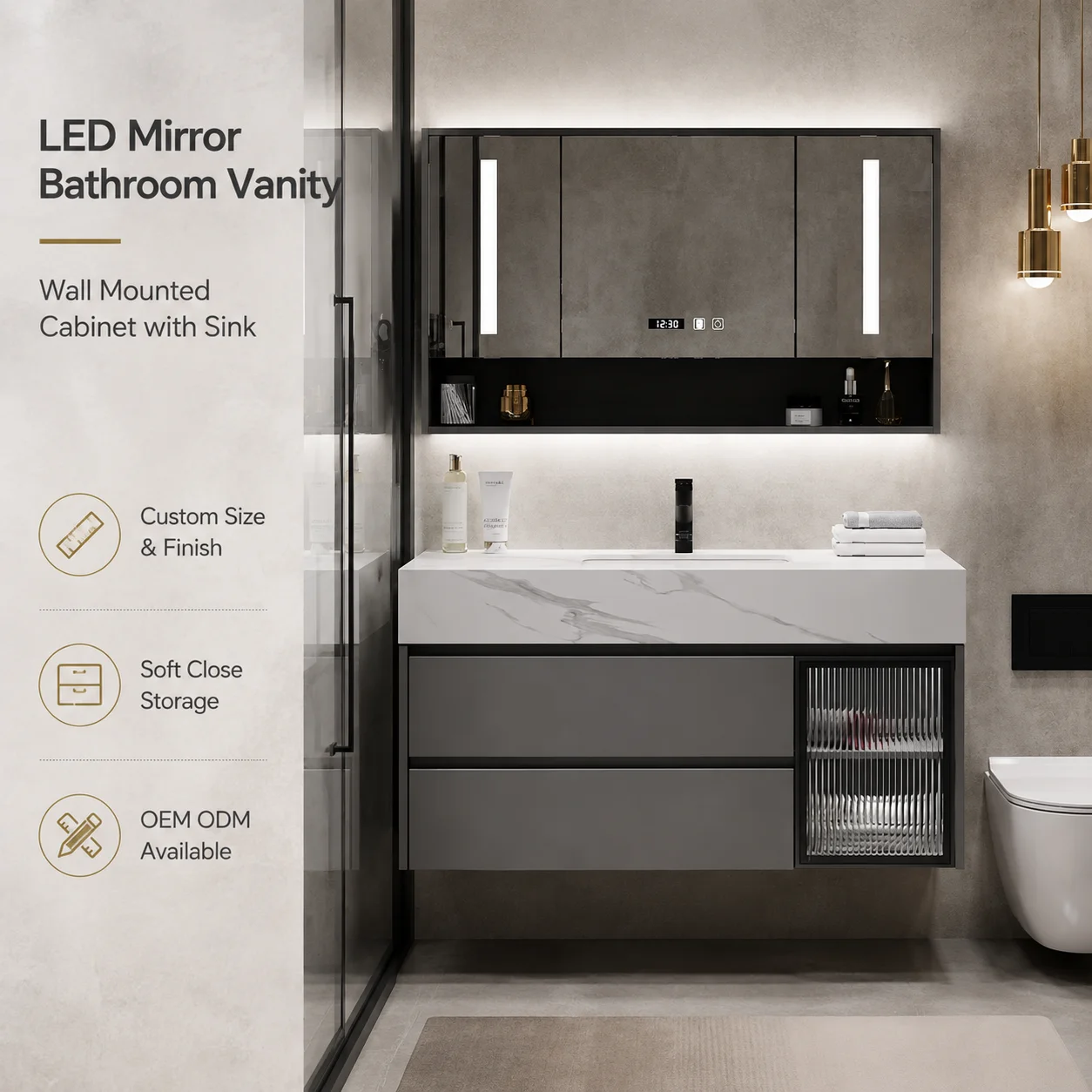 Bathroom CabinetModern LED Smart Mirror Sintered Stone Wall-Mounted Bathroom Vanity With Sink-Water Resistant Eco-Friendly Hotel