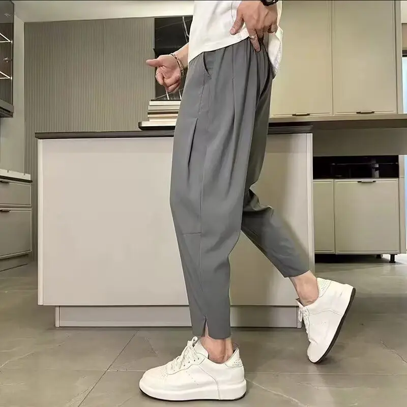 Mens Black Cropped Tapered Pants Elastic Waist Pocket Casual Slim Fit Trousers