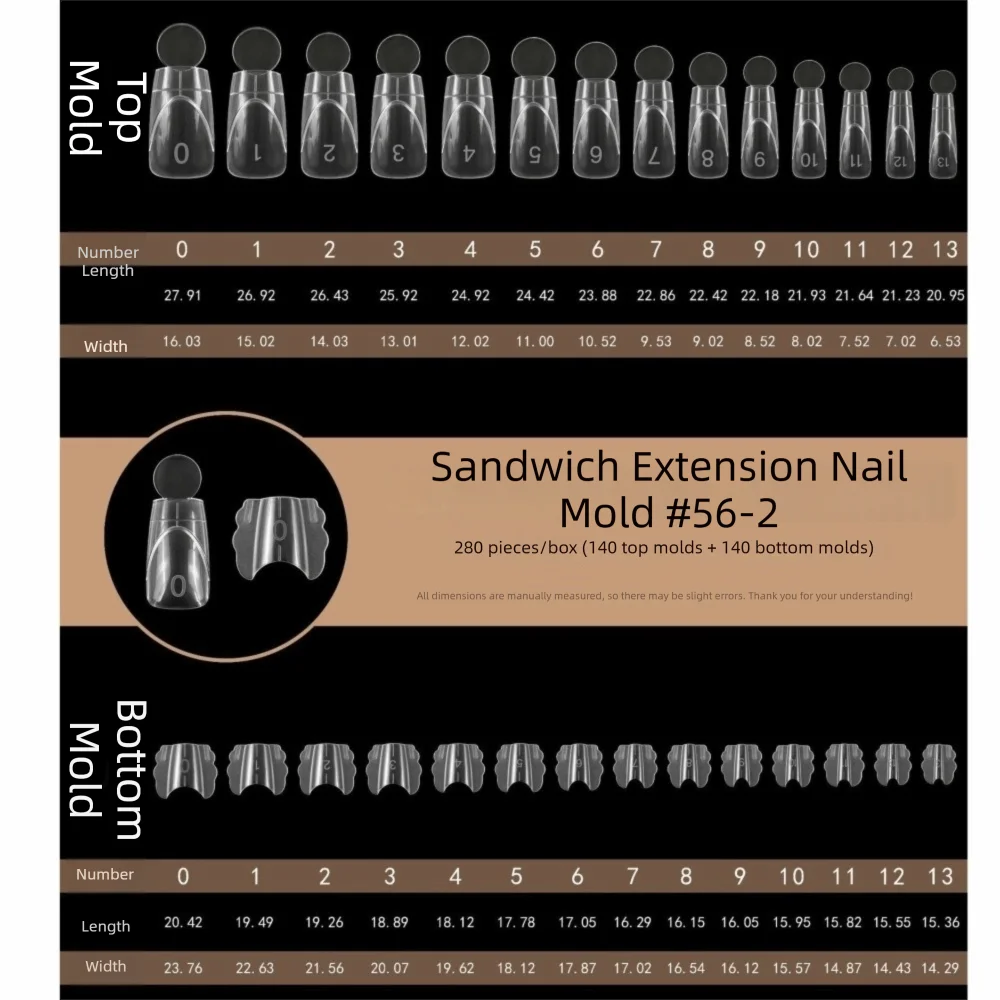 280pcs 14 Sizes Sandwich Dual Nail Forms Reusable Square Oval Acrylic Nail Extension Transparent Double-Layer Manicure Tools
