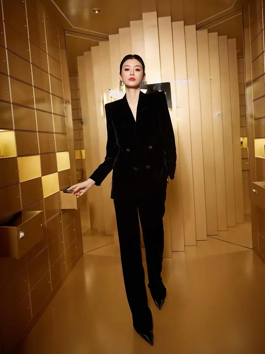 Black Velvet Belted Suit Jacket And Wide Leg Pants Women's Fashion Set Xi Mengyao Autumn Winter Professional Workwear