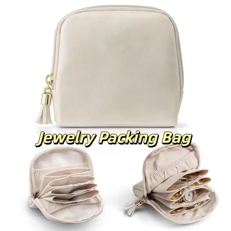 Tassel PU Leather Jewelry Storage Bag Water Resistant Soft Lining Necklace Ring Organizer for Daily Vanity Storage