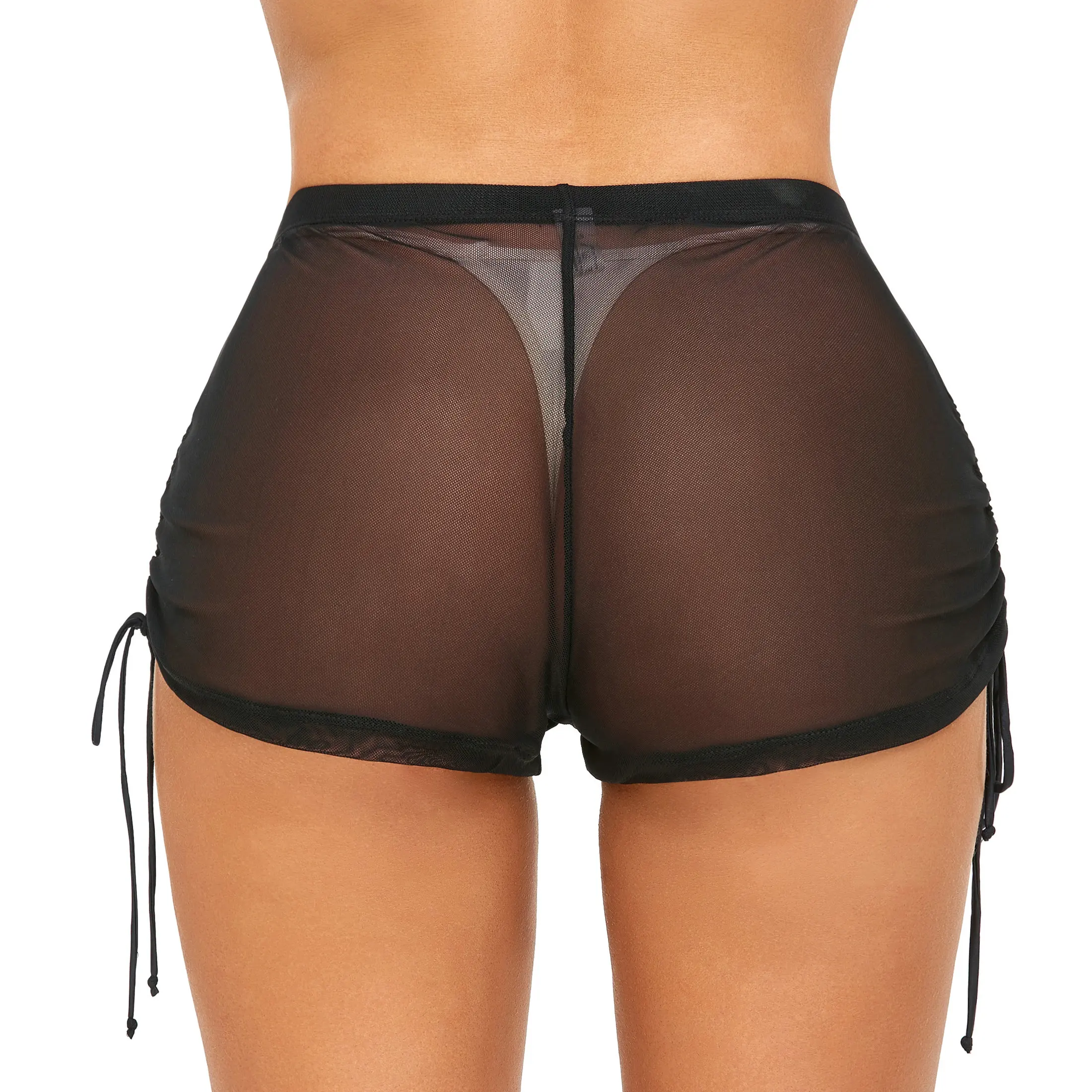 SHERRYLO Sheer Bikini Bottoms Shorts for Women Casual Beach See Through Mesh Womens Drawstring Ruched Side Short Swim Trunks