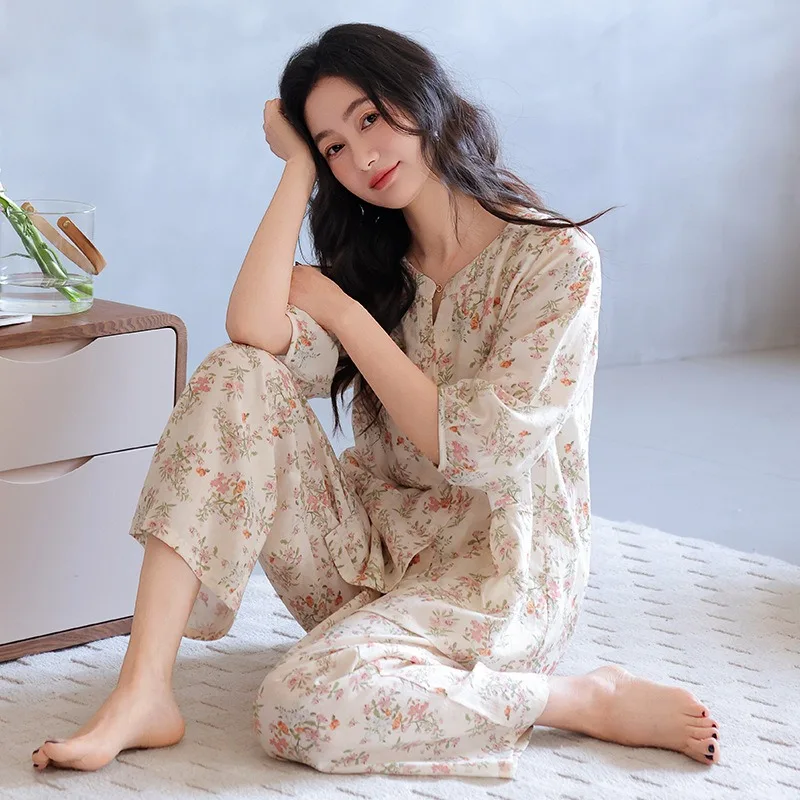 Women's High End Floral Loungewear Set Super Soft Lyocell Pajamas set with 3/4 Sleeves for Spring  Autumn 3XL Size Cozy Cool