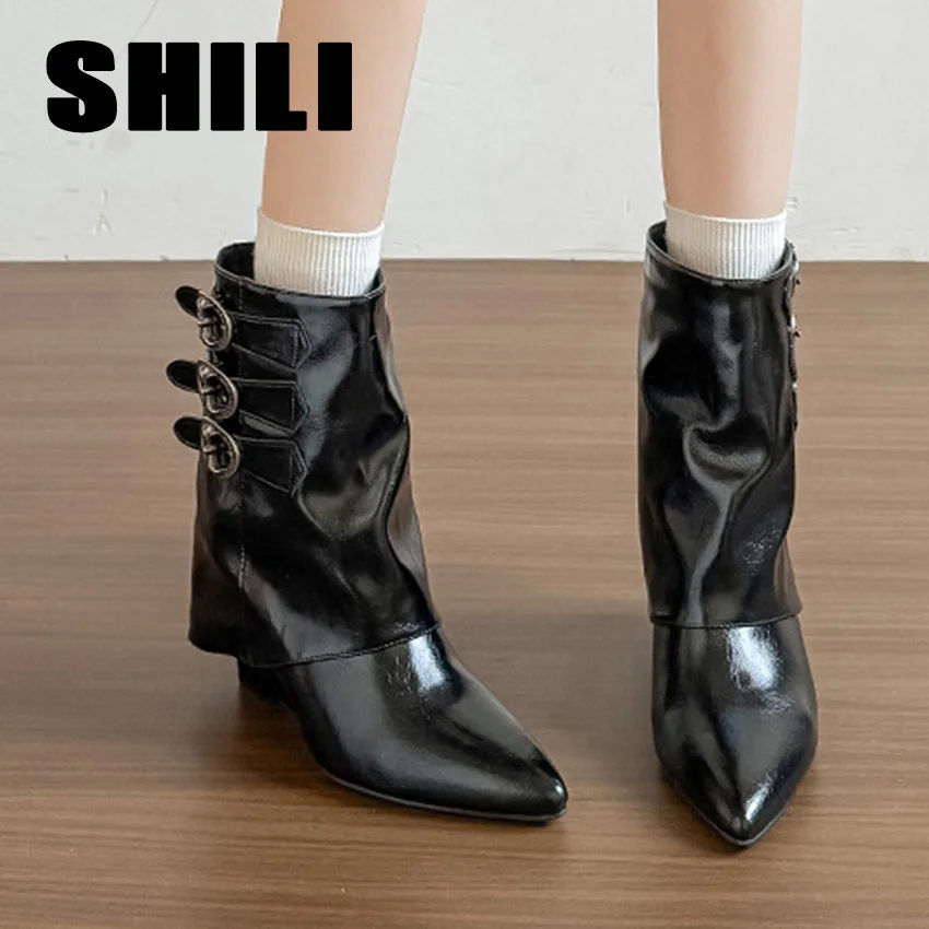 Botas Ankle Boots Autumn Winter Fashion Square Low Heels Boots Shoes for Women Designer Pointed Toe Zapatos De Mujer Handmade