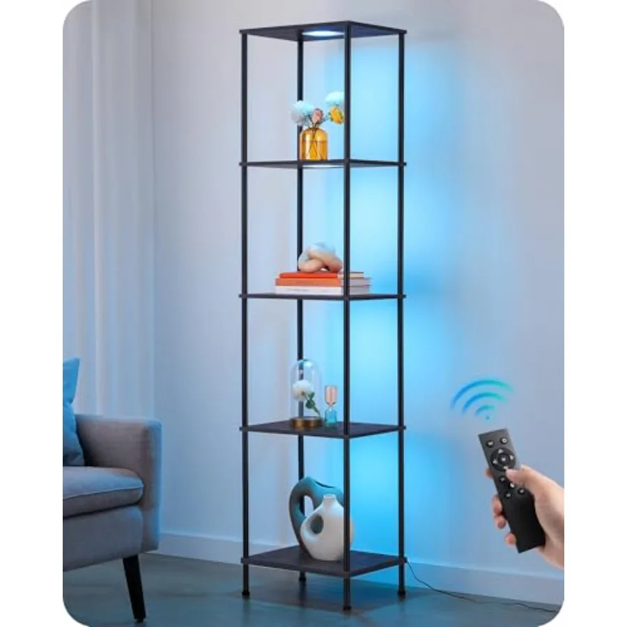 RGBW Modern Floor Lamp 5-Tier Display Shelf with Light Adjustable Brightness and Color Temperature 3 Lighting Modes Remote Cont