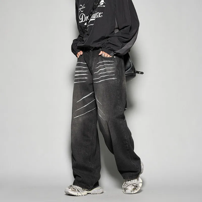 High Quality Loose American Retro Washed Jeans Distressed Extended Version Mop Pants Gender-Free Men's Jeans