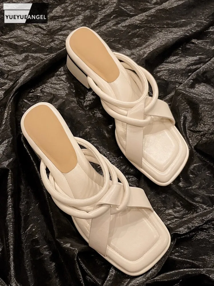 Handmade Genuine Leather Vintage Slippers Square Toe Chunky Heels Elegant Designer Slippers Office Lady Open Toe Casual Shoes