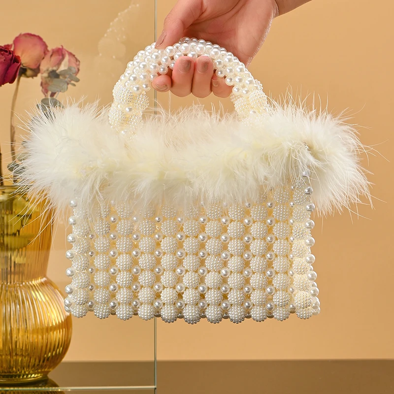 Elegant Pearl Feathers Evening Handbag for Women - Romantic Date Outing Formal Party Dress Storage Bag