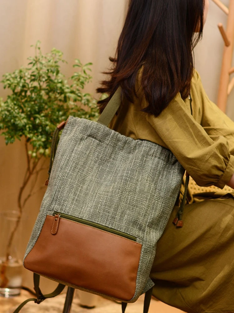 French Fashion New Leather Splicing Contrasting Cotton And Linen Backpack 2026 Casual Large Capacity Travel Bag For Women Trendy