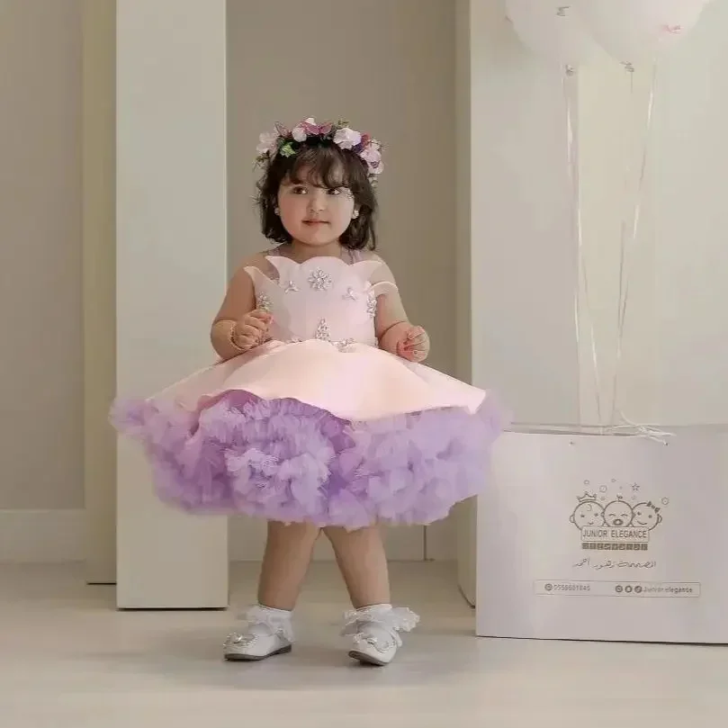 Custom Luxury Pink Purple Sleeveless Rhinestone Tulle Flower Girl Gown Pageant Runway Guest Luxury Bday Kids Party Dress