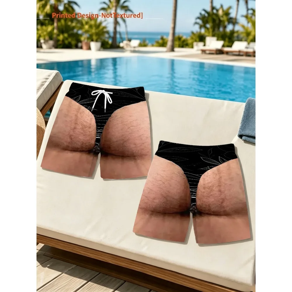 Funny 3D Optical Illusion Men's Swim Trunks Fake Butt Black Background White Leaf Line Print Quick Dry Drawstring Beach Shorts