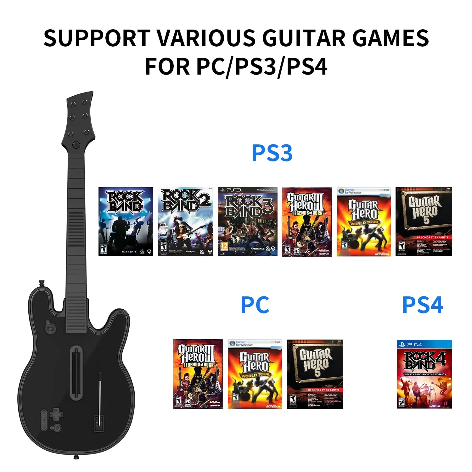 Wireless Guitar Hero Controller for PS4 with RGB Light,Rock Band & Clone Hero Games,Fortnite Festival with Strap&Wireless Dongle