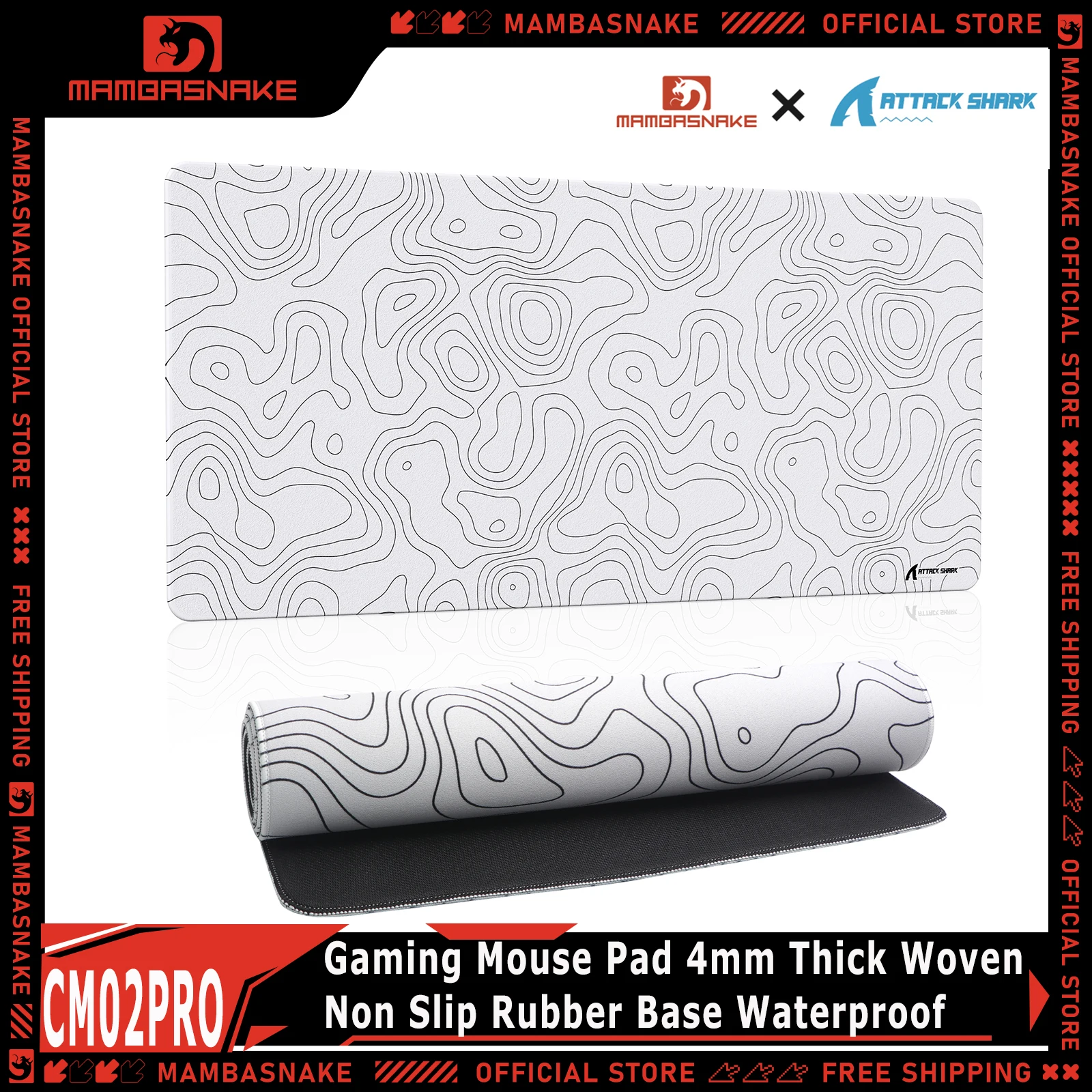 ATTACK SHARK CM02PRO Gaming Mouse Pad 4mm Thick Topographic Woven Cloth Non Slip Rubber Base Waterproof For PC Office E-Sports