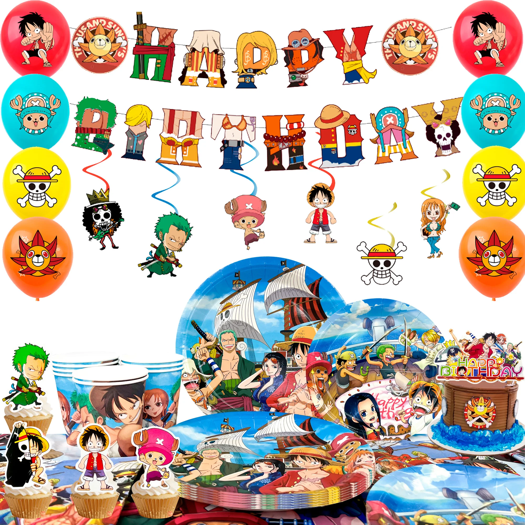 117 Pcs One Piece Party Decorations & Tableware - One Piece Banner Balloons Cake Topper Plates Etc One Piece Birthday Party Supp