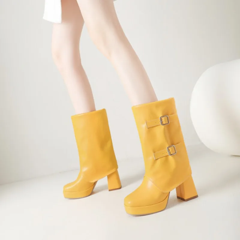 Women Chunky Heels Platform Belt Buckles Candy colors Black White Red Yellow Mid-calf Boots Large Size 34-50 New 2026