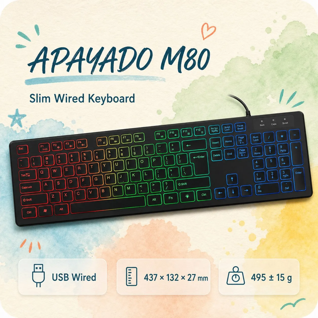 APAYADO M80 USB Wired Membrane Keyboard, 104 Keys with Number Pad, Low-Profile Design, 148cm Cable, Color or White Backlight