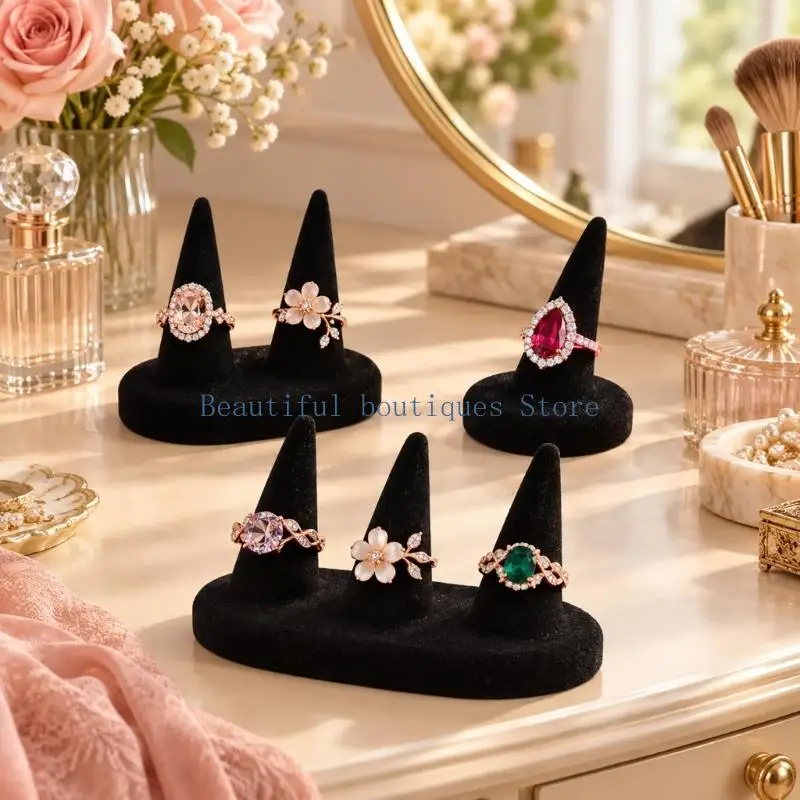 U4LF Jewelry Display Stand with Pointed Ring Holder and Black Flocking Finish for Organized Presentation on Counters and