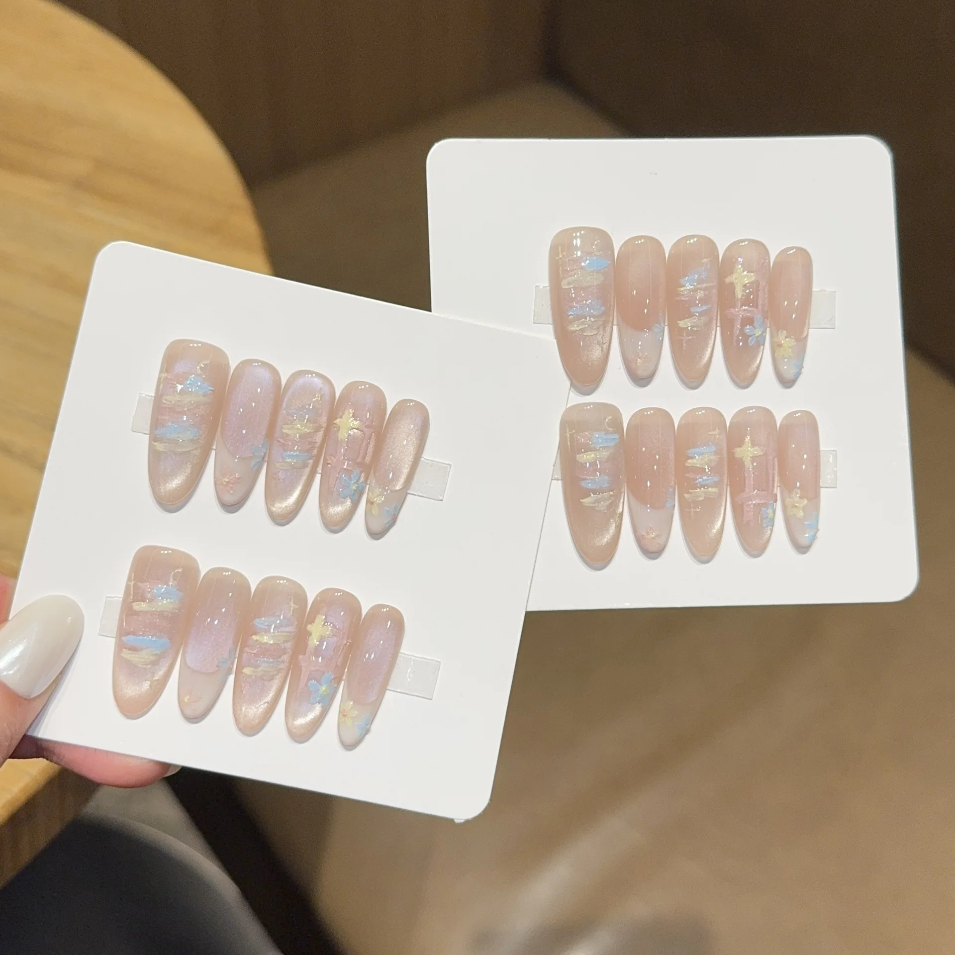 10pcs Handmade Long Oval Press On Nails Nude Pink Cat Eye Color Painting Design Sweet Cute Fake Nails Wearable Nails Art Tips
