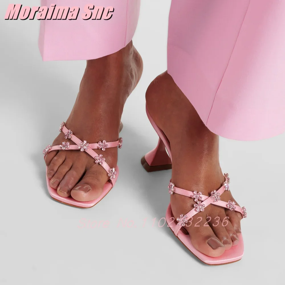 Crystal Flower Decor Satin Slippers Cross Strap Wine Glass Heel Slip On Pink Solid Sexy Fashion Women\'s Summer Slides 2025 New