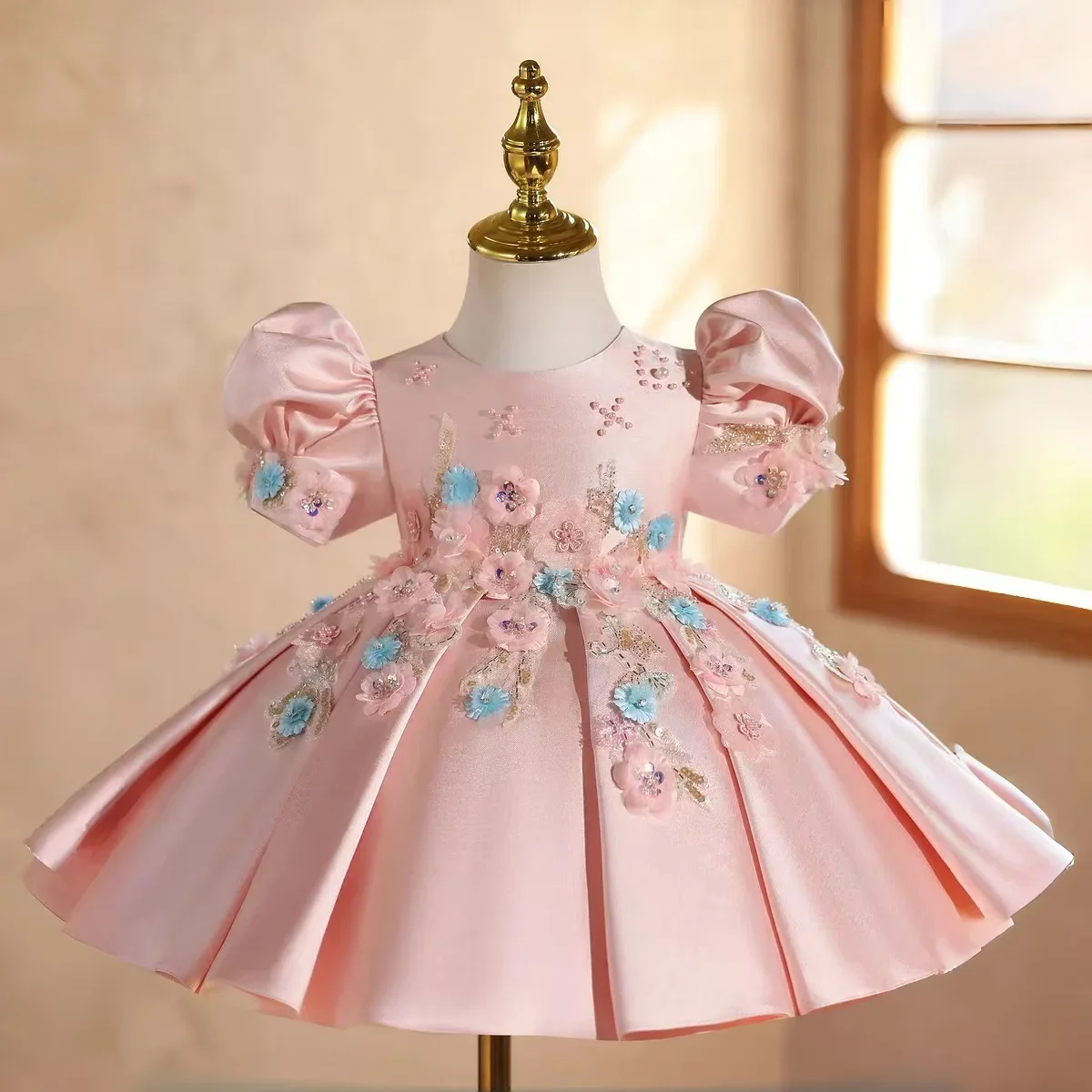Custom Flower Girl Dress Wedding Gown Birthday Party Pageant Dress Puff Sleeve 3D Floral Beaded Satin Gown For Girls  