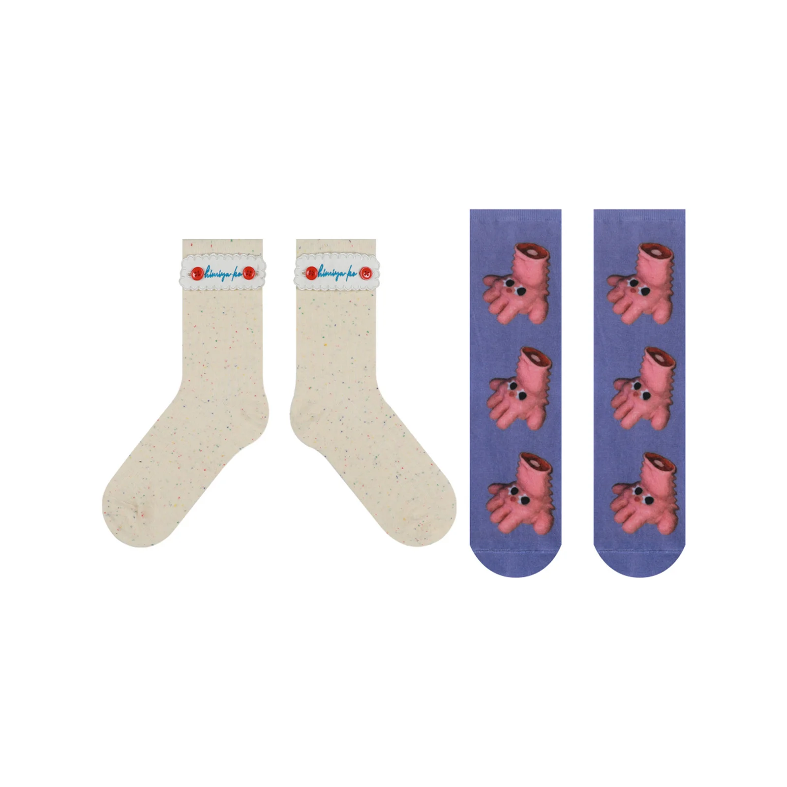 Ins funny and interesting printed mid-calf socks, one pair each in beige + purple