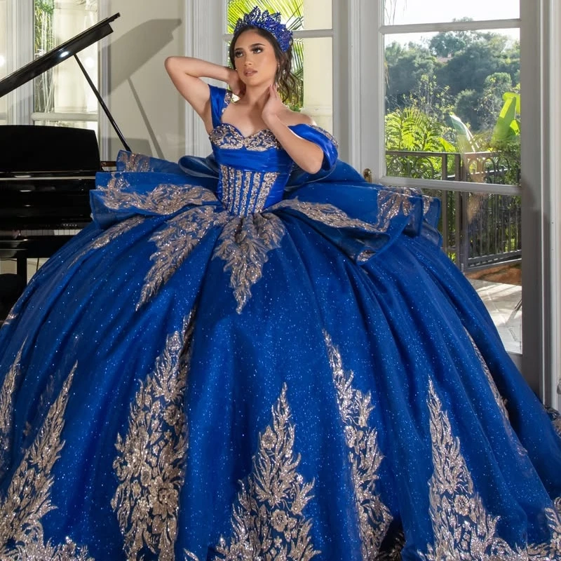 Royal Blue Shiny Ball Gown Quinceanera Dresses Sequin Applique Lace Beading Crystal Bow Tiered Tull Corset Off The Shoulder Swee