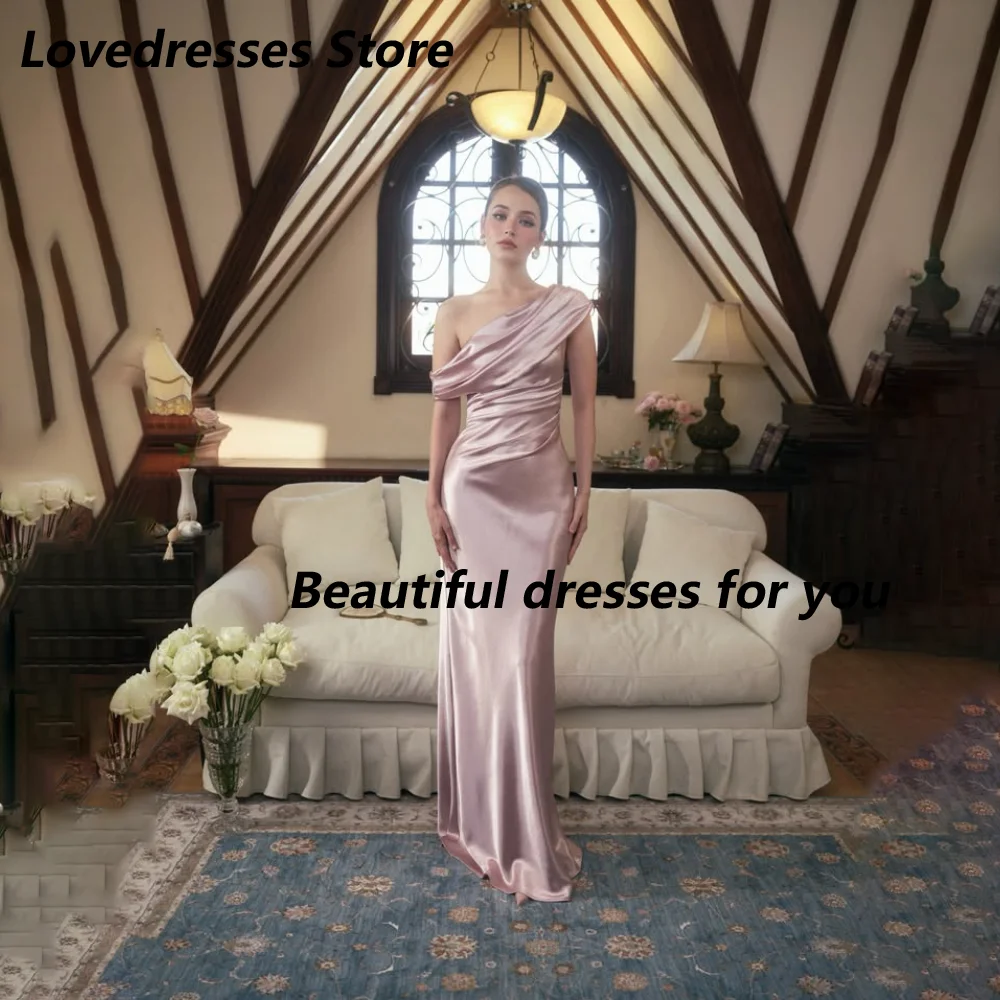 Customized Blush Shiny Satin Mother Of The Bride Gown One Shoulder Draped Ruched Waist Mermaid Floor Length Wedding Guest Dress