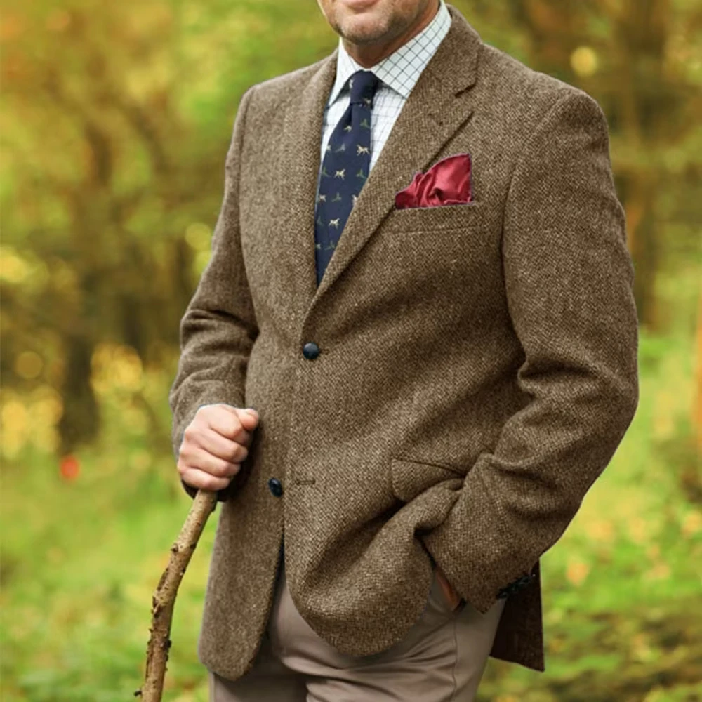 Men's Grey Herringbone Pattern Suit Jacket Retro Single Breasted Casual Top for Autumn Commuting 2025