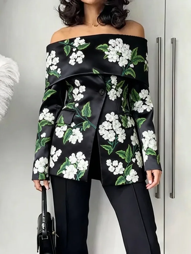 Yeezzi Women's Elegant Floral Printesd Off-Shoulder Blazer Jacket Long Sleeves Single Button Zipper Party Evening Thin Outerwear