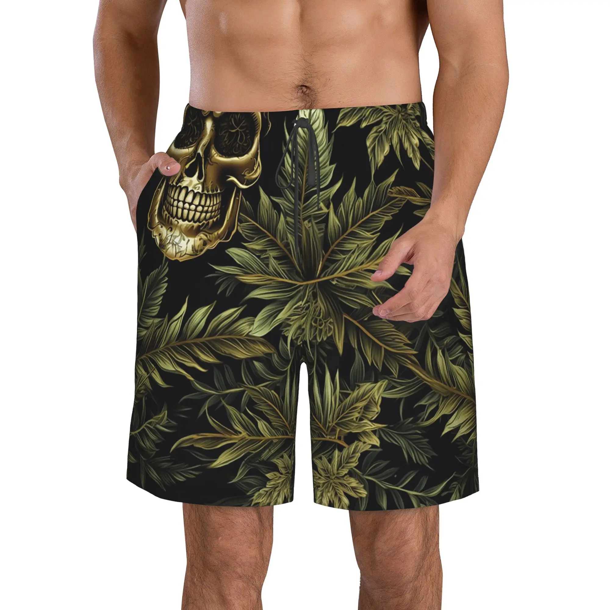 Dark Skull and Hemp Leaf Pattern Trunks Beach Board Shorts Casual Quick Dry Swimming Summer Men Pants