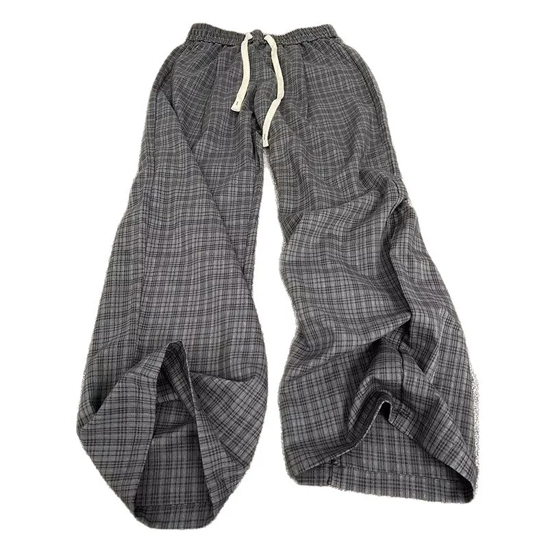 Mens Trousers Gray Plaid Pants Summer Thin Loose Casual American Style Wide Leg Straight Fit Breathable Trousers